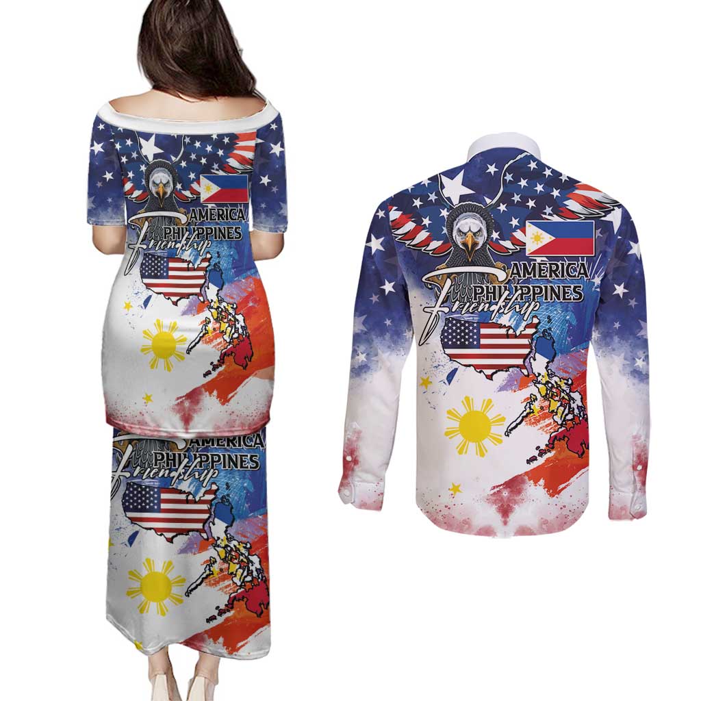 Philippine-American Friendship Couples Matching Puletasi and Long Sleeve Button Shirt USA Eagle and Philippines Flag with The Maps