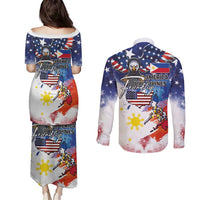Philippine-American Friendship Couples Matching Puletasi and Long Sleeve Button Shirt USA Eagle and Philippines Flag with The Maps
