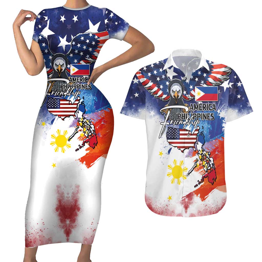 Philippine-American Friendship Couples Matching Short Sleeve Bodycon Dress and Hawaiian Shirt USA Eagle and Philippines Flag with The Maps