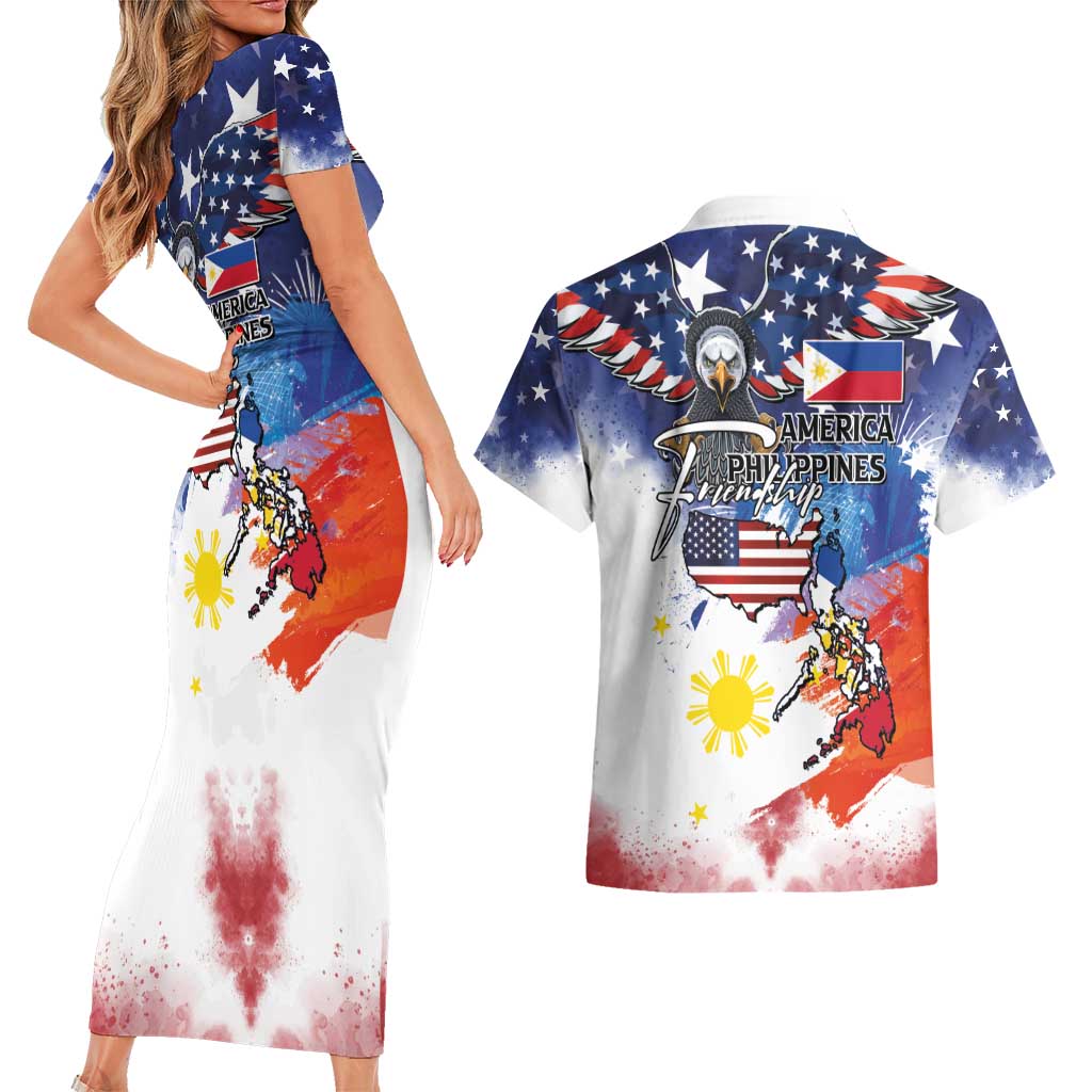 Philippine-American Friendship Couples Matching Short Sleeve Bodycon Dress and Hawaiian Shirt USA Eagle and Philippines Flag with The Maps