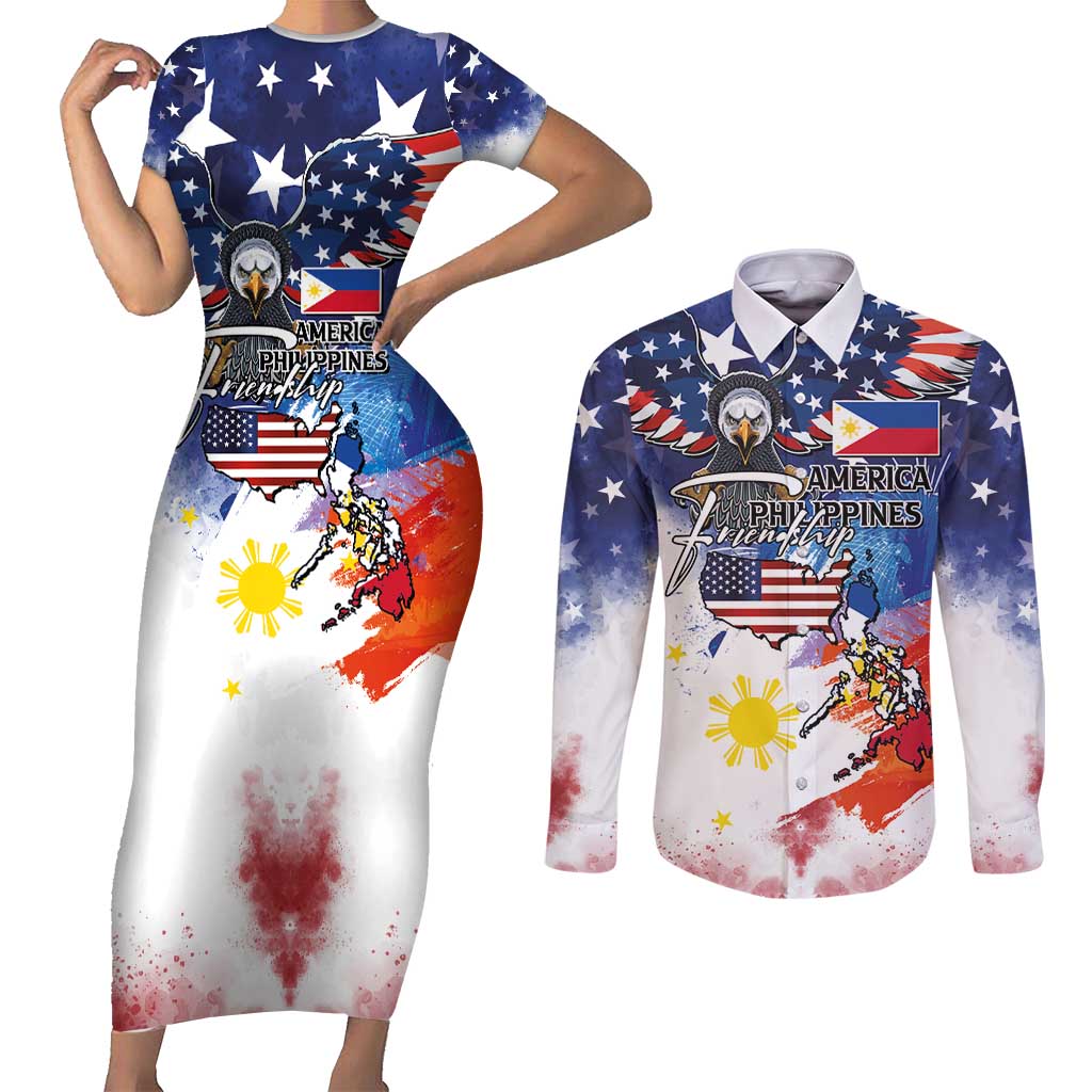 Philippine-American Friendship Couples Matching Short Sleeve Bodycon Dress and Long Sleeve Button Shirt USA Eagle and Philippines Flag with The Maps