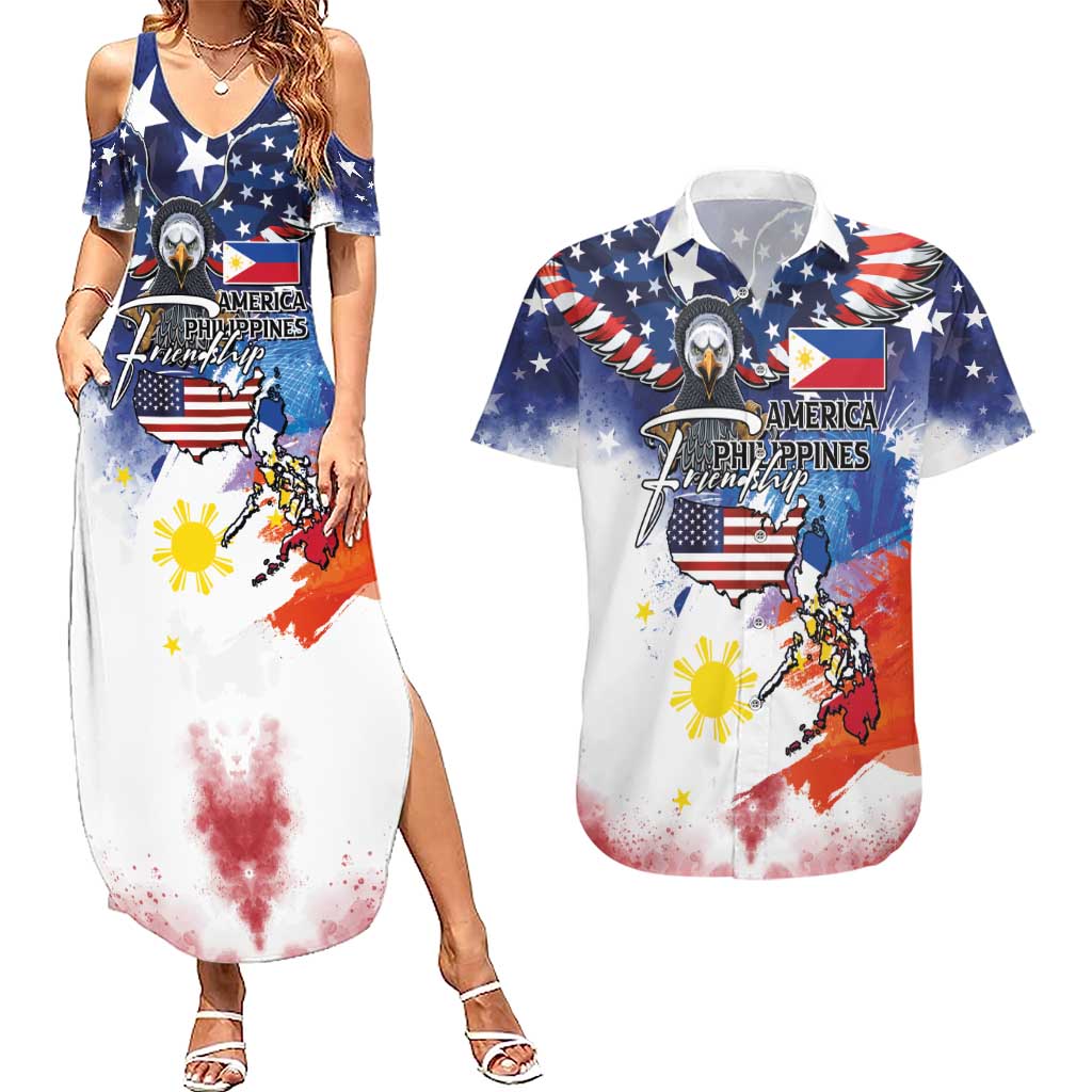 Philippine-American Friendship Couples Matching Summer Maxi Dress and Hawaiian Shirt USA Eagle and Philippines Flag with The Maps