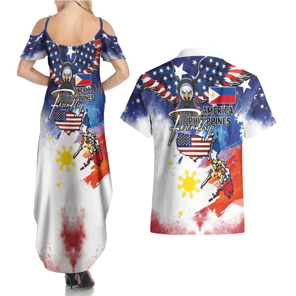 Philippine-American Friendship Couples Matching Summer Maxi Dress and Hawaiian Shirt USA Eagle and Philippines Flag with The Maps