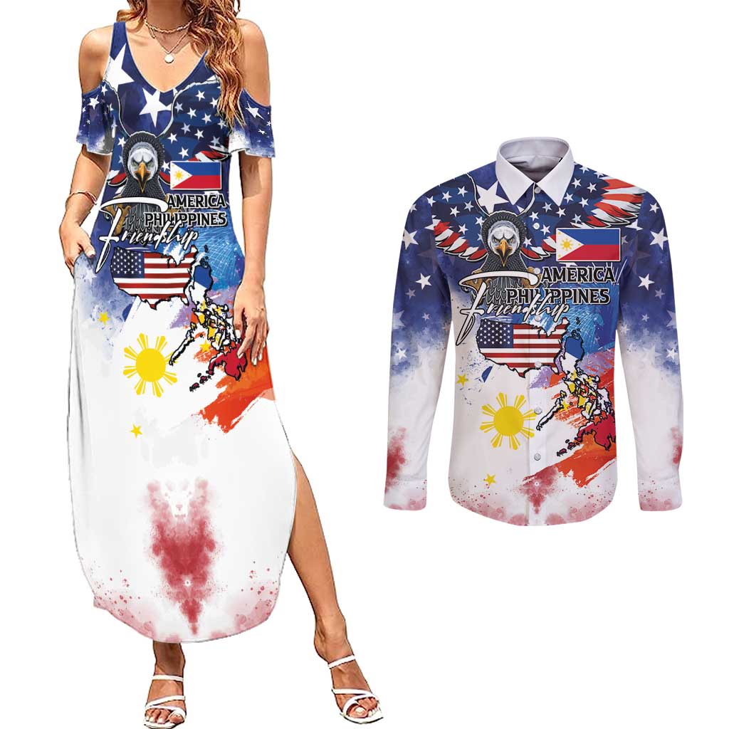 Philippine-American Friendship Couples Matching Summer Maxi Dress and Long Sleeve Button Shirt USA Eagle and Philippines Flag with The Maps