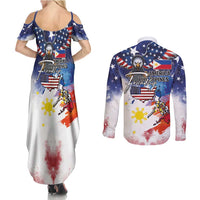 Philippine-American Friendship Couples Matching Summer Maxi Dress and Long Sleeve Button Shirt USA Eagle and Philippines Flag with The Maps