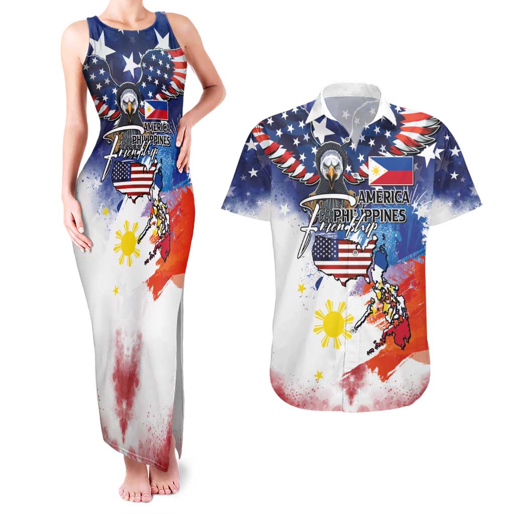 Philippine-American Friendship Couples Matching Tank Maxi Dress and Hawaiian Shirt USA Eagle and Philippines Flag with The Maps