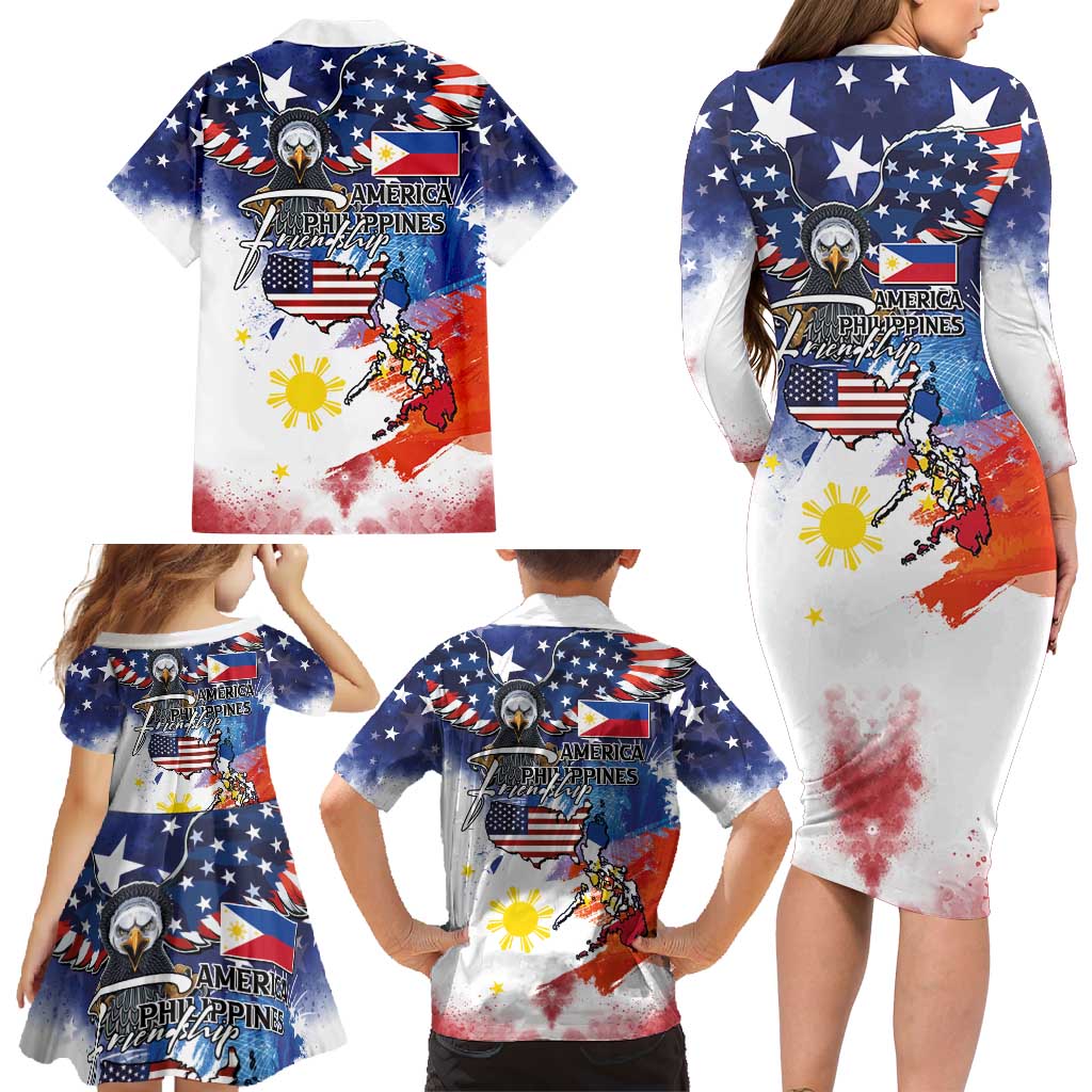 Philippine-American Friendship Family Matching Long Sleeve Bodycon Dress and Hawaiian Shirt USA Eagle and Philippines Flag with The Maps