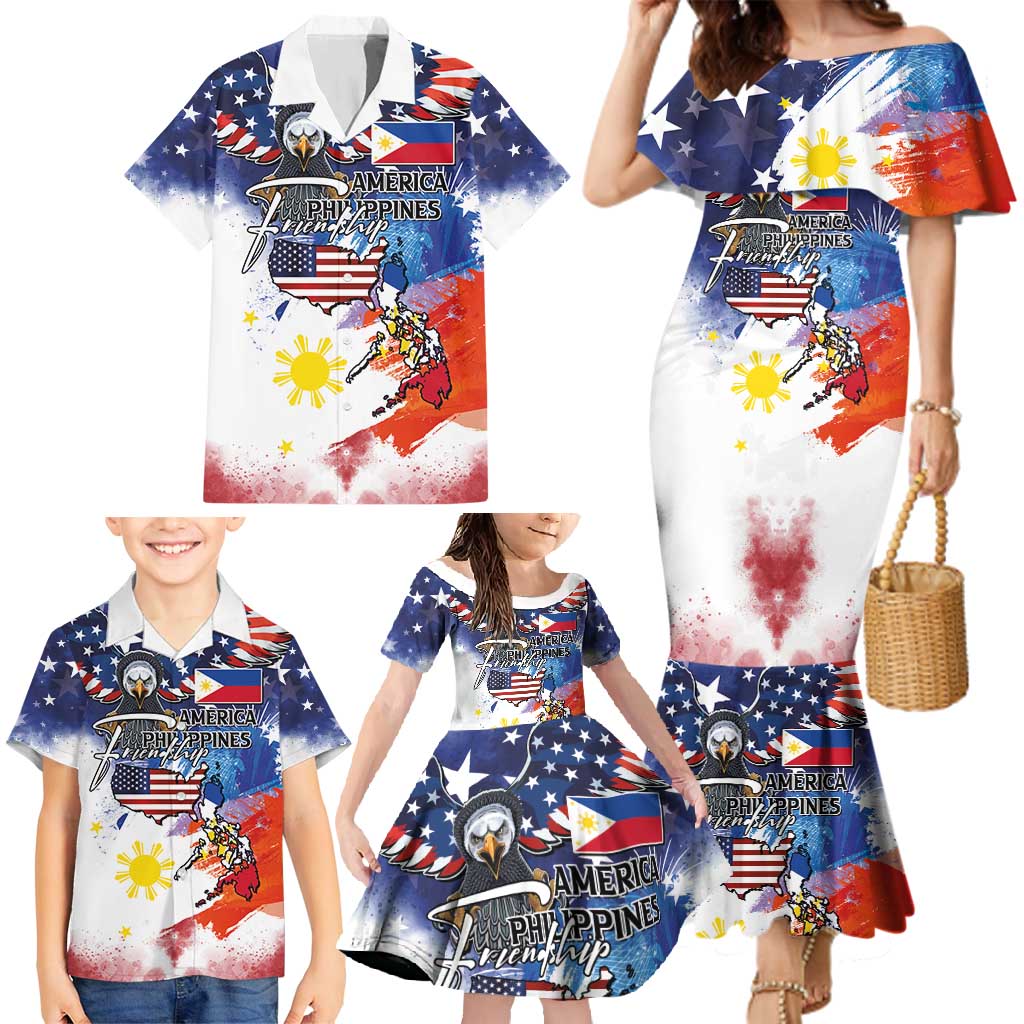 Philippine-American Friendship Family Matching Mermaid Dress and Hawaiian Shirt USA Eagle and Philippines Flag with The Maps