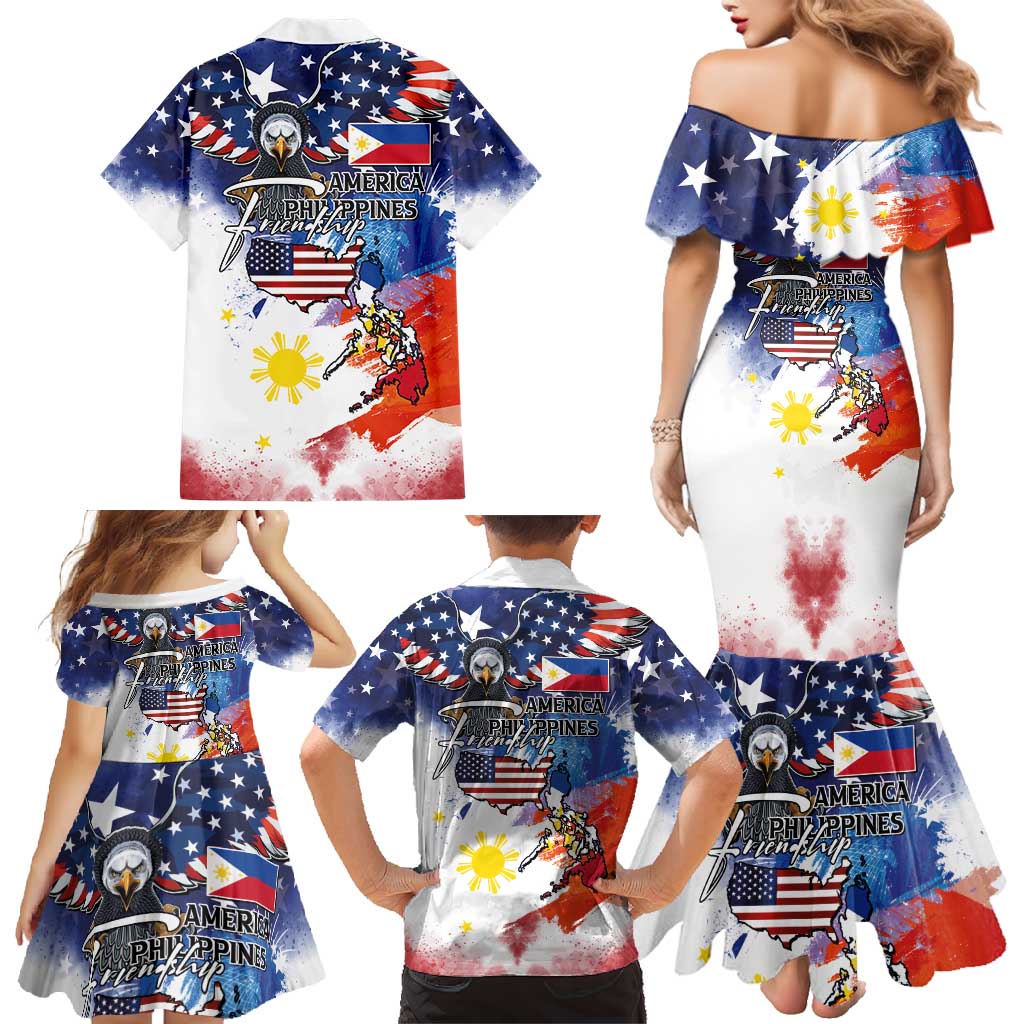 Philippine-American Friendship Family Matching Mermaid Dress and Hawaiian Shirt USA Eagle and Philippines Flag with The Maps