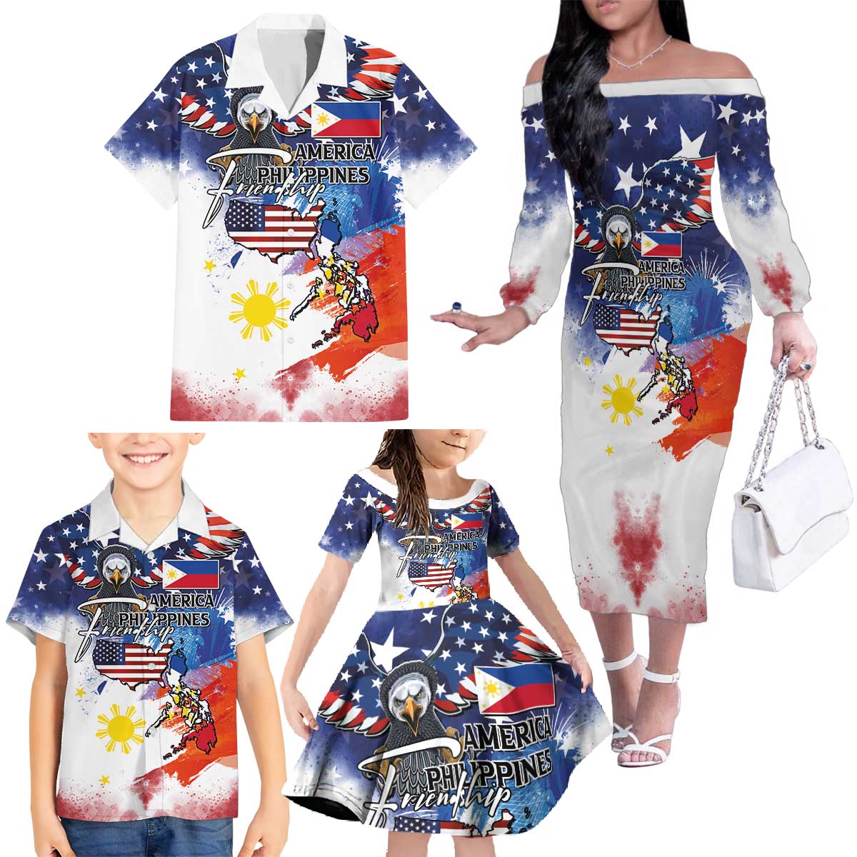 Philippine-American Friendship Family Matching Off The Shoulder Long Sleeve Dress and Hawaiian Shirt USA Eagle and Philippines Flag with The Maps