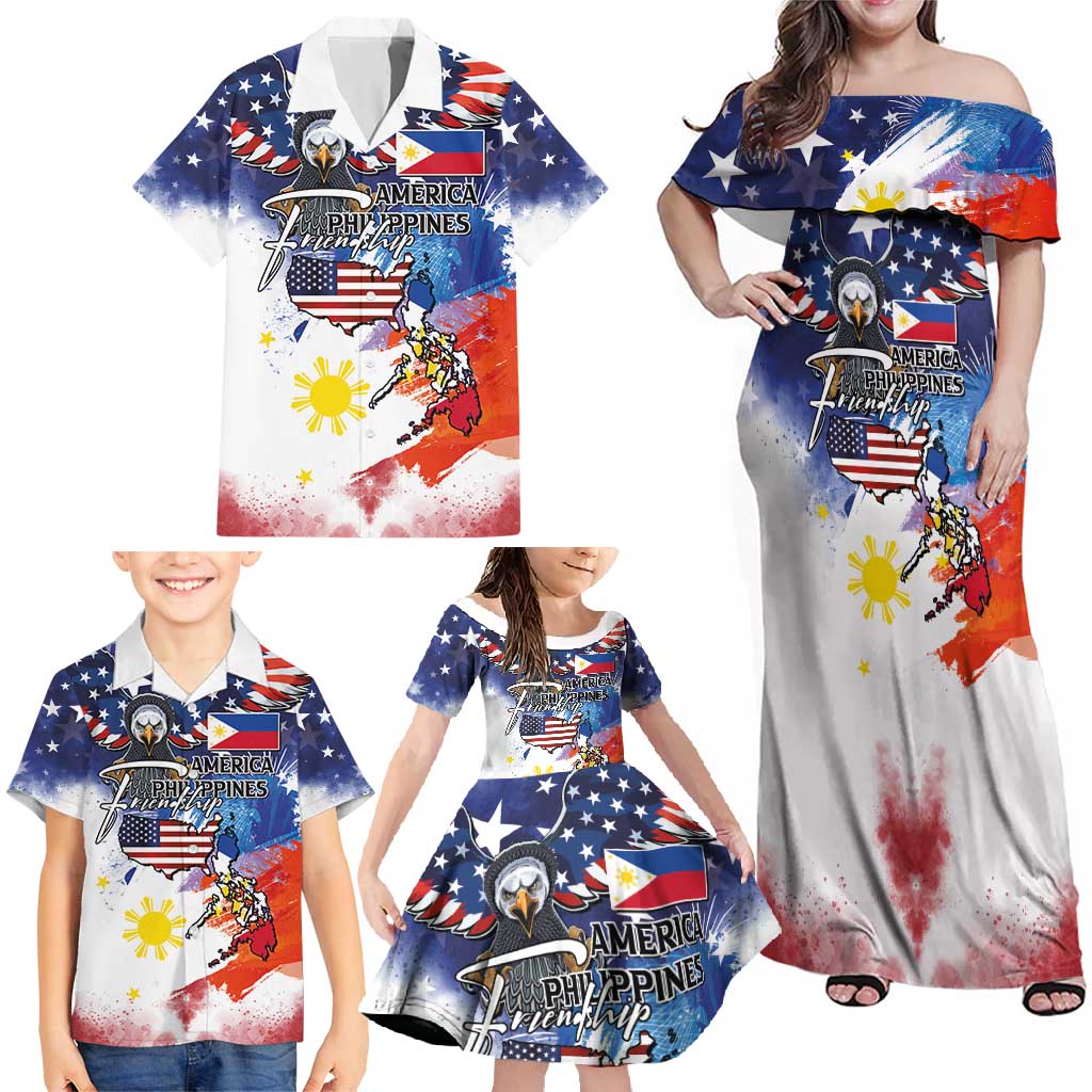 Philippine-American Friendship Family Matching Off Shoulder Maxi Dress and Hawaiian Shirt USA Eagle and Philippines Flag with The Maps