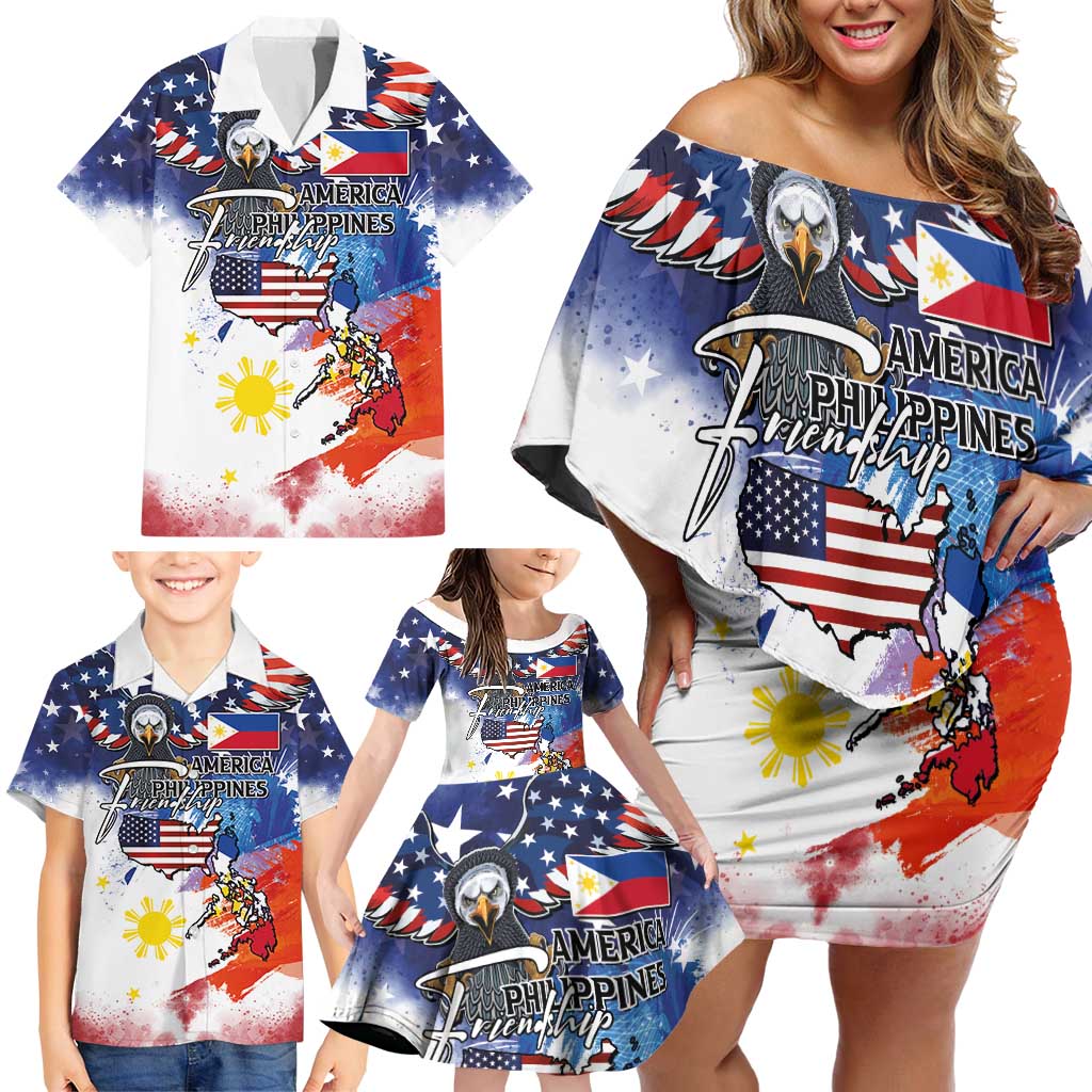 Philippine-American Friendship Family Matching Off Shoulder Short Dress and Hawaiian Shirt USA Eagle and Philippines Flag with The Maps