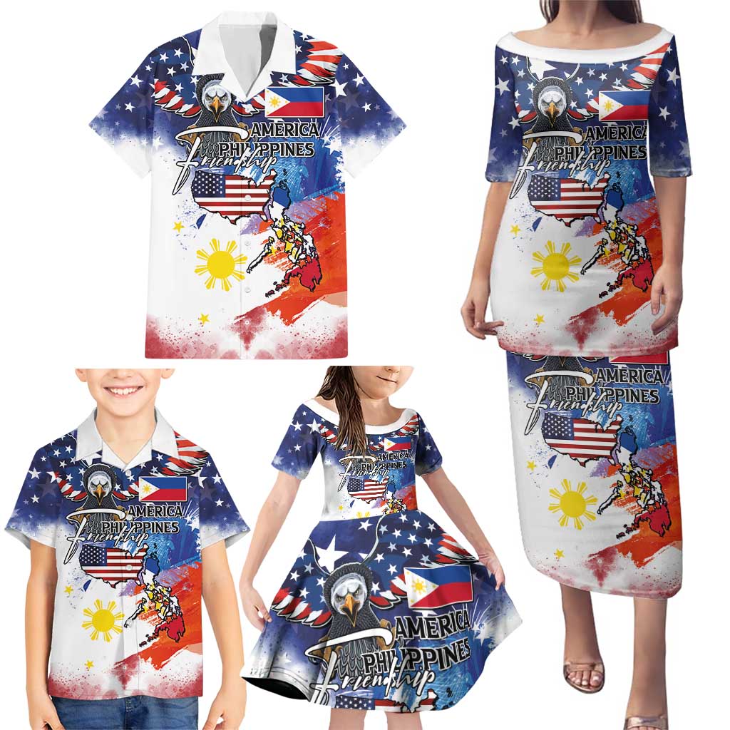 Philippine-American Friendship Family Matching Puletasi and Hawaiian Shirt USA Eagle and Philippines Flag with The Maps