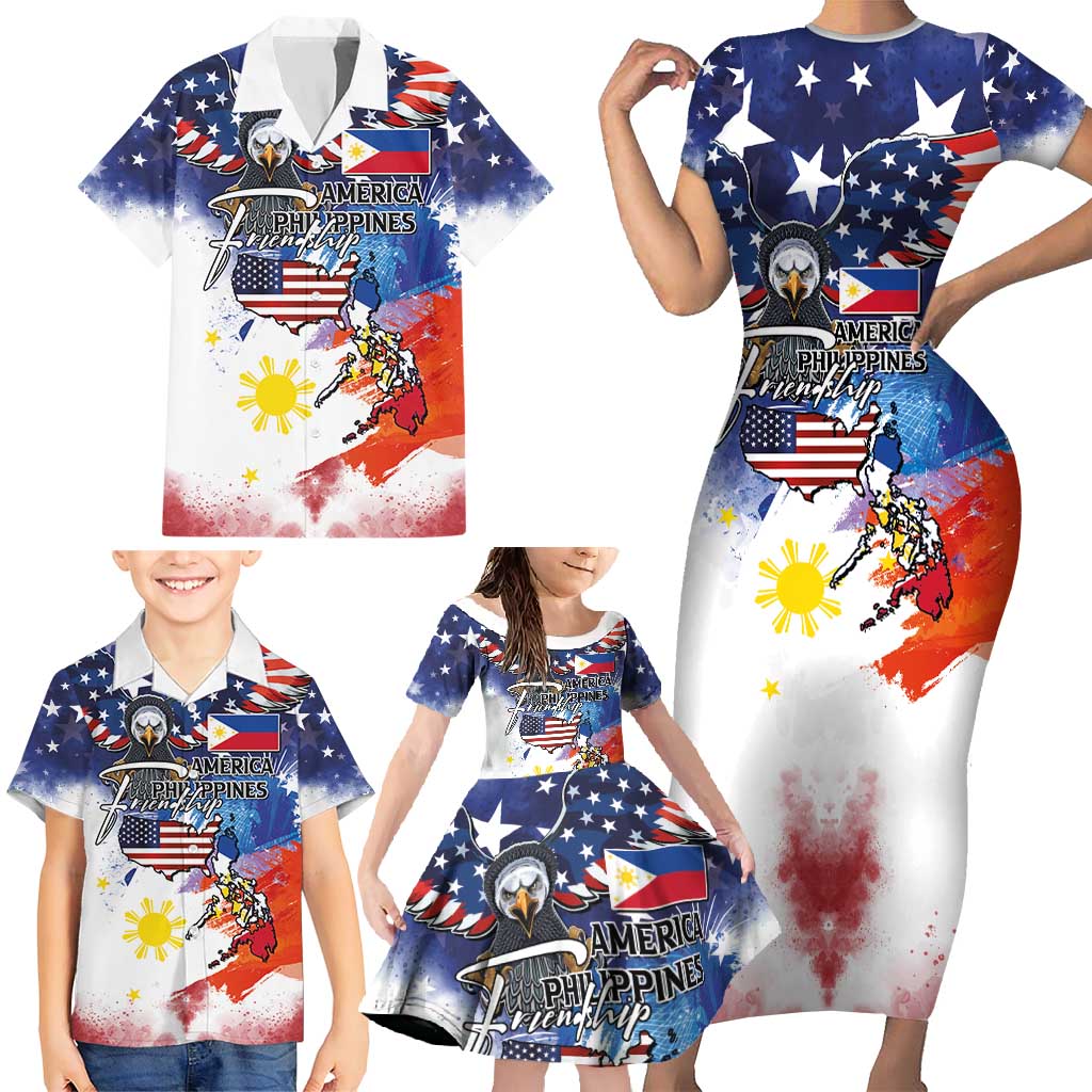 Philippine-American Friendship Family Matching Short Sleeve Bodycon Dress and Hawaiian Shirt USA Eagle and Philippines Flag with The Maps
