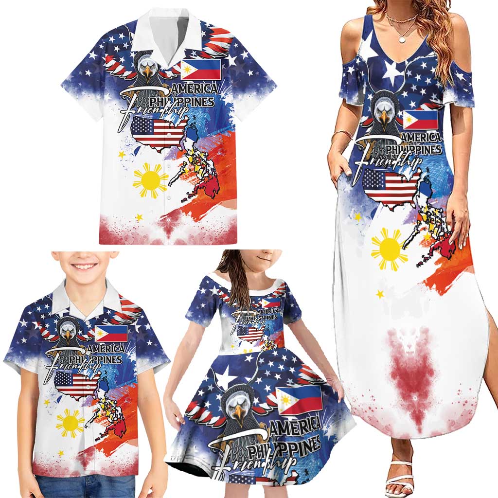 Philippine-American Friendship Family Matching Summer Maxi Dress and Hawaiian Shirt USA Eagle and Philippines Flag with The Maps