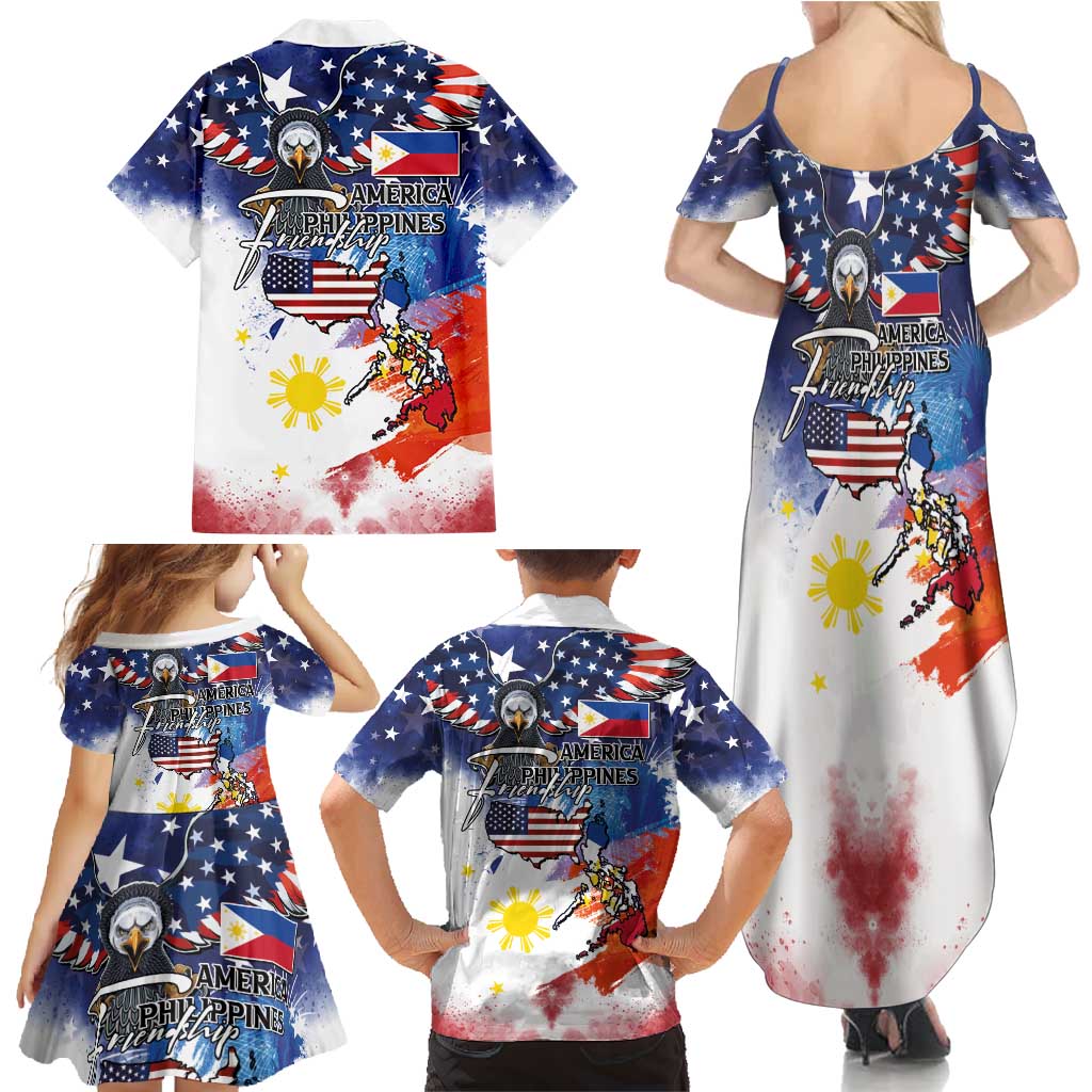 Philippine-American Friendship Family Matching Summer Maxi Dress and Hawaiian Shirt USA Eagle and Philippines Flag with The Maps