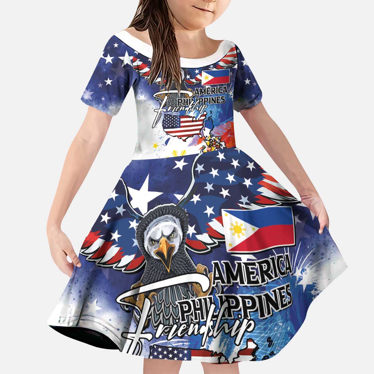Philippine-American Friendship Kid Short Sleeve Dress USA Eagle and Philippines Flag with The Maps