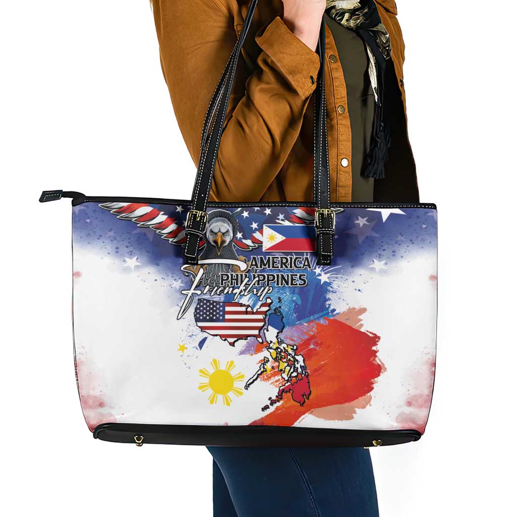 Philippine-American Friendship Leather Tote Bag USA Eagle and Philippines Flag with The Maps