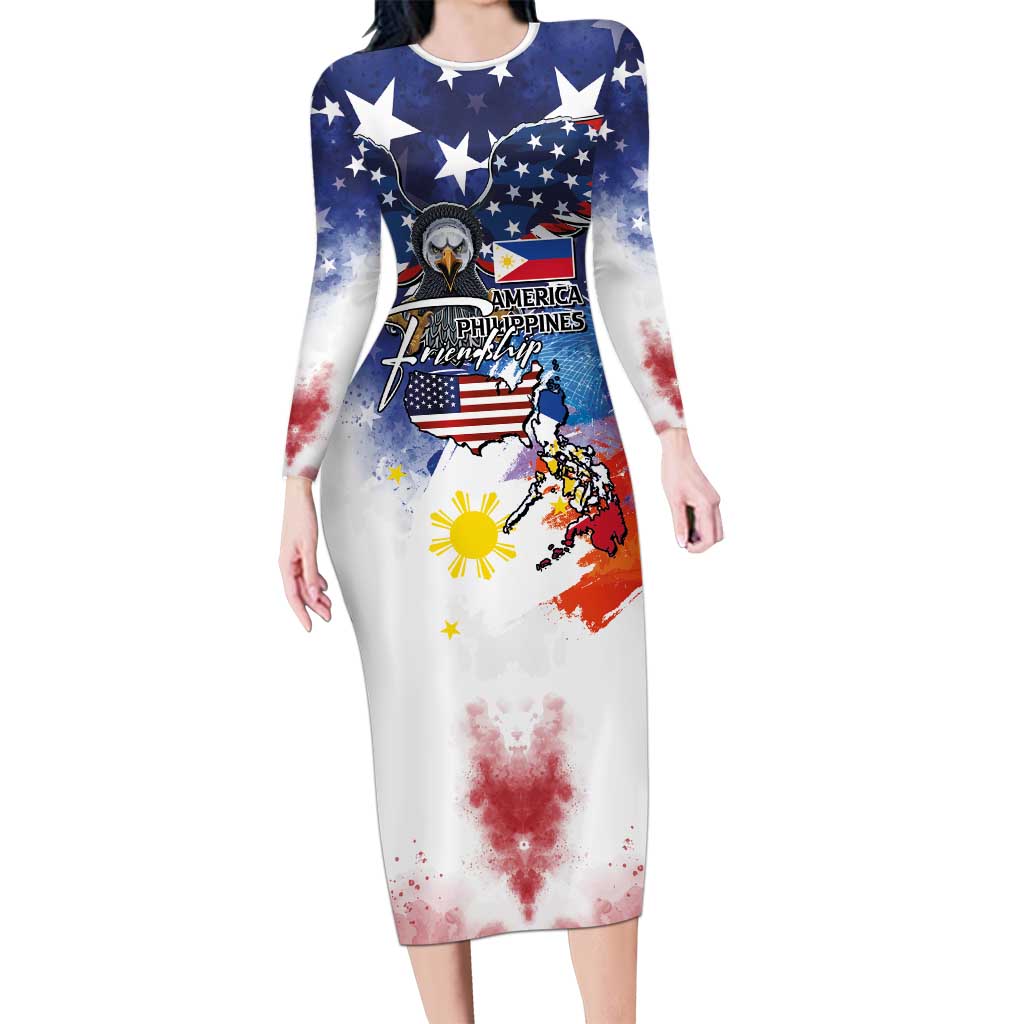 Philippine-American Friendship Long Sleeve Bodycon Dress USA Eagle and Philippines Flag with The Maps