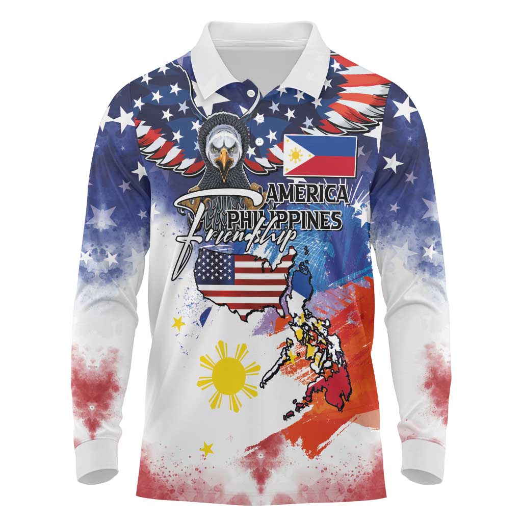 Philippine-American Friendship Long Sleeve Polo Shirt USA Eagle and Philippines Flag with The Maps