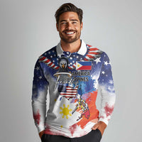 Philippine-American Friendship Long Sleeve Polo Shirt USA Eagle and Philippines Flag with The Maps