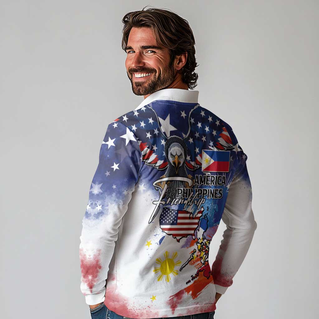 Philippine-American Friendship Long Sleeve Polo Shirt USA Eagle and Philippines Flag with The Maps