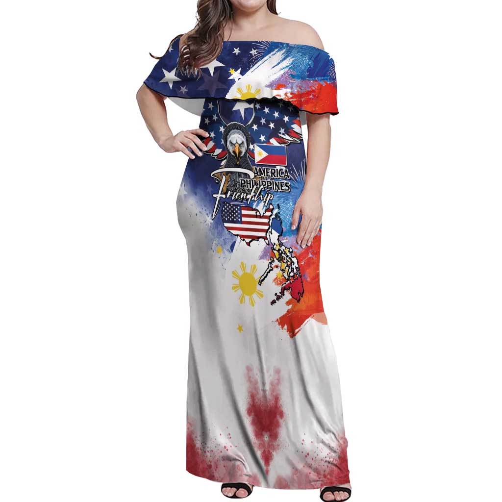Philippine-American Friendship Off Shoulder Maxi Dress USA Eagle and Philippines Flag with The Maps