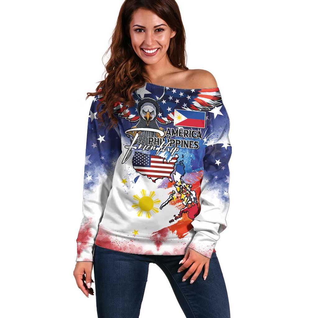 Philippine-American Friendship Off Shoulder Sweater USA Eagle and Philippines Flag with The Maps