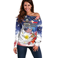 Philippine-American Friendship Off Shoulder Sweater USA Eagle and Philippines Flag with The Maps