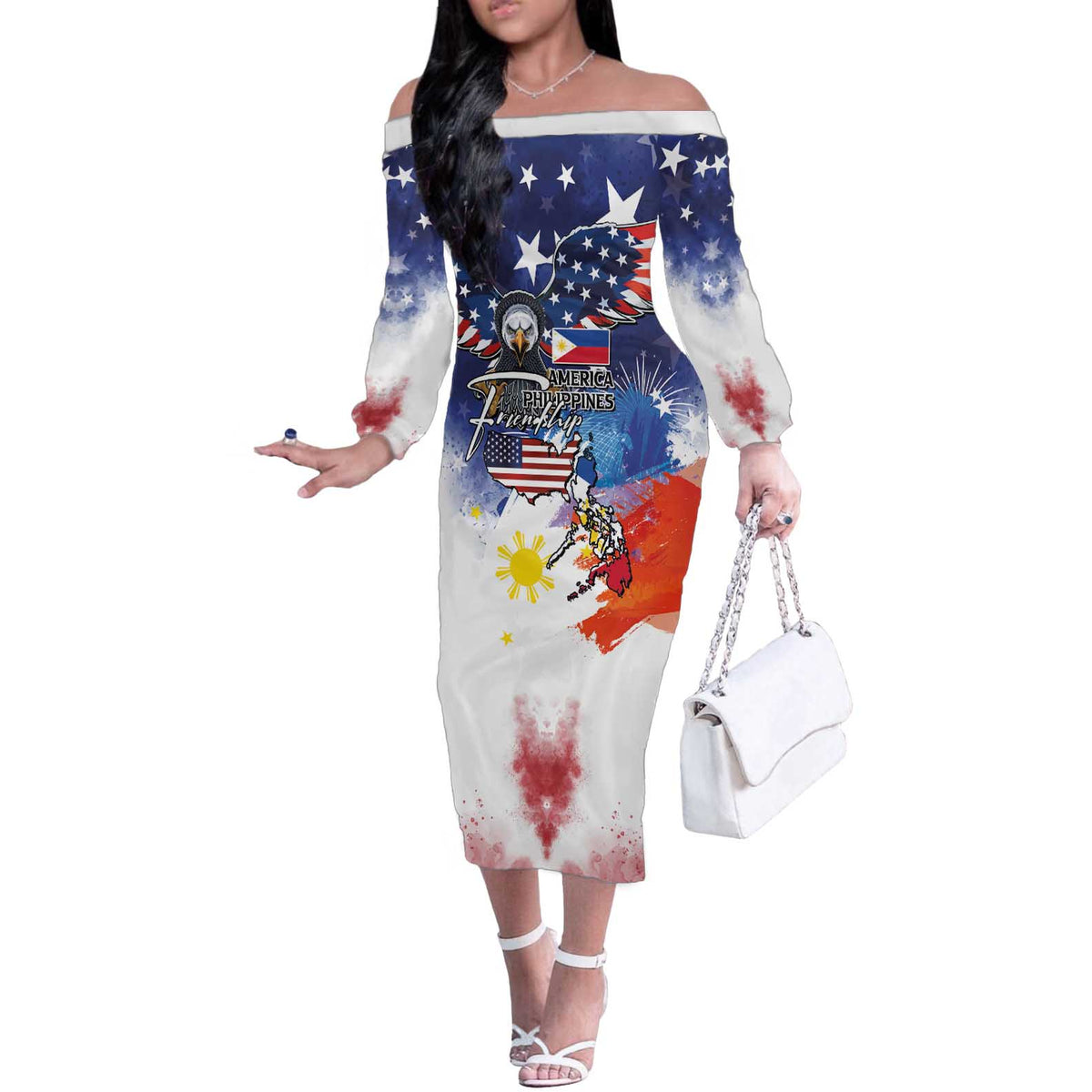 Philippine-American Friendship Off The Shoulder Long Sleeve Dress USA Eagle and Philippines Flag with The Maps