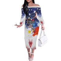 Philippine-American Friendship Off The Shoulder Long Sleeve Dress USA Eagle and Philippines Flag with The Maps