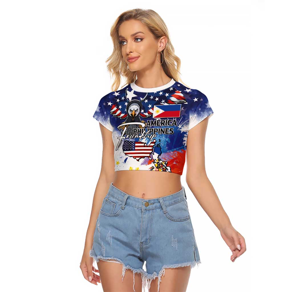 Philippine-American Friendship Raglan Cropped T Shirt USA Eagle and Philippines Flag with The Maps
