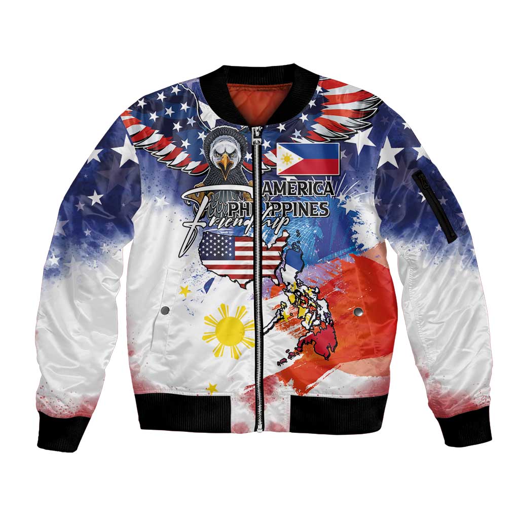 Philippine-American Friendship Sleeve Zip Bomber Jacket USA Eagle and Philippines Flag with The Maps