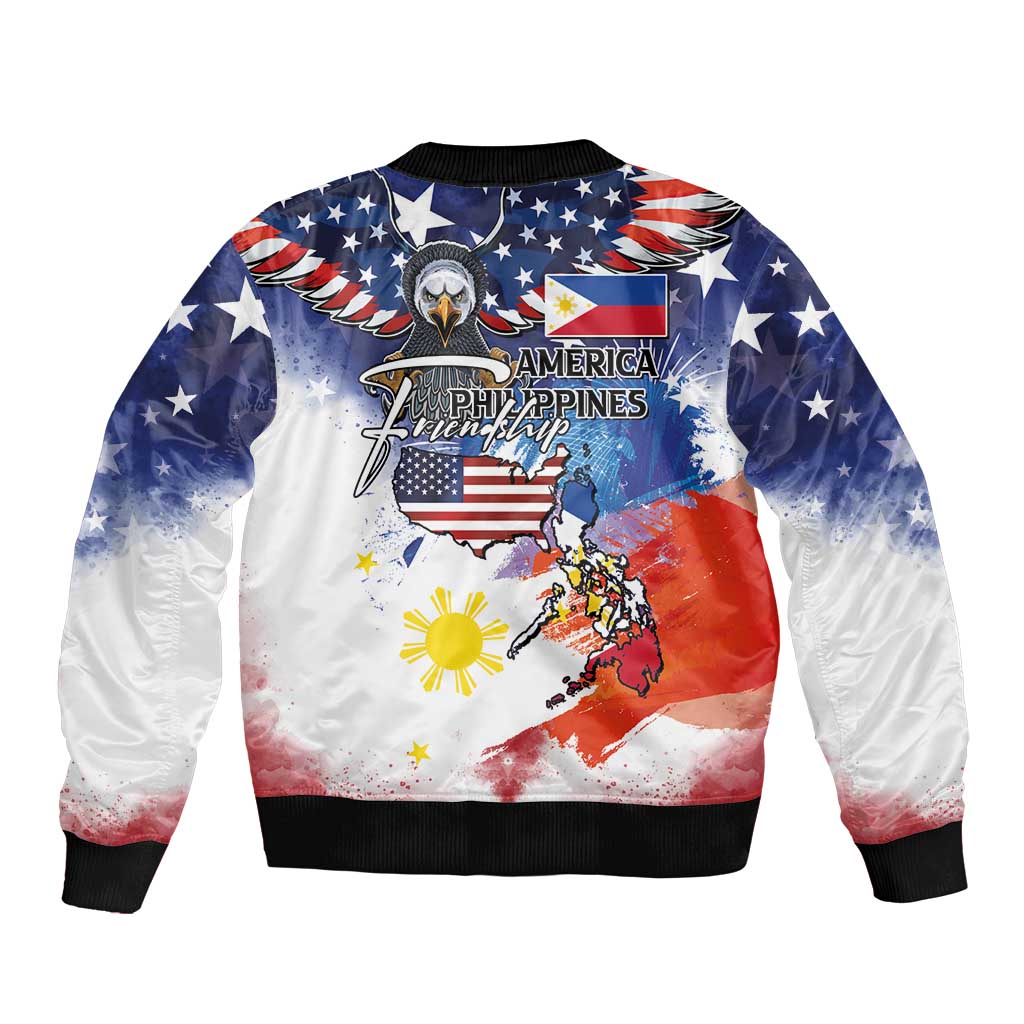Philippine-American Friendship Sleeve Zip Bomber Jacket USA Eagle and Philippines Flag with The Maps