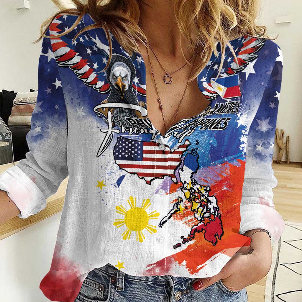 Philippine-American Friendship Women Casual Shirt USA Eagle and Philippines Flag with The Maps