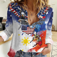 Philippine-American Friendship Women Casual Shirt USA Eagle and Philippines Flag with The Maps
