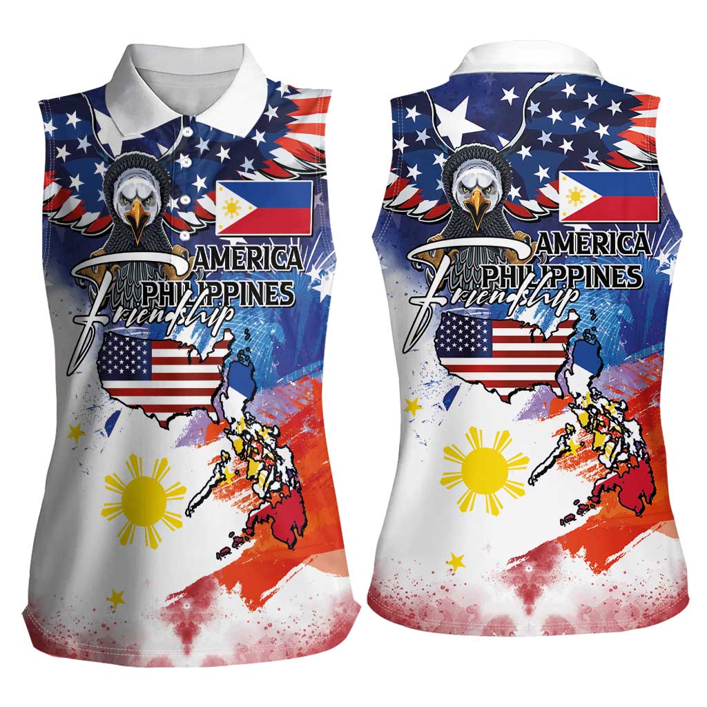 Philippine-American Friendship Women Sleeveless Polo Shirt USA Eagle and Philippines Flag with The Maps
