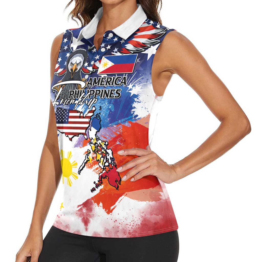 Philippine-American Friendship Women Sleeveless Polo Shirt USA Eagle and Philippines Flag with The Maps