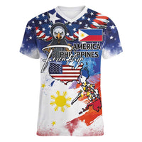 Philippine-American Friendship Women V-Neck T-Shirt USA Eagle and Philippines Flag with The Maps