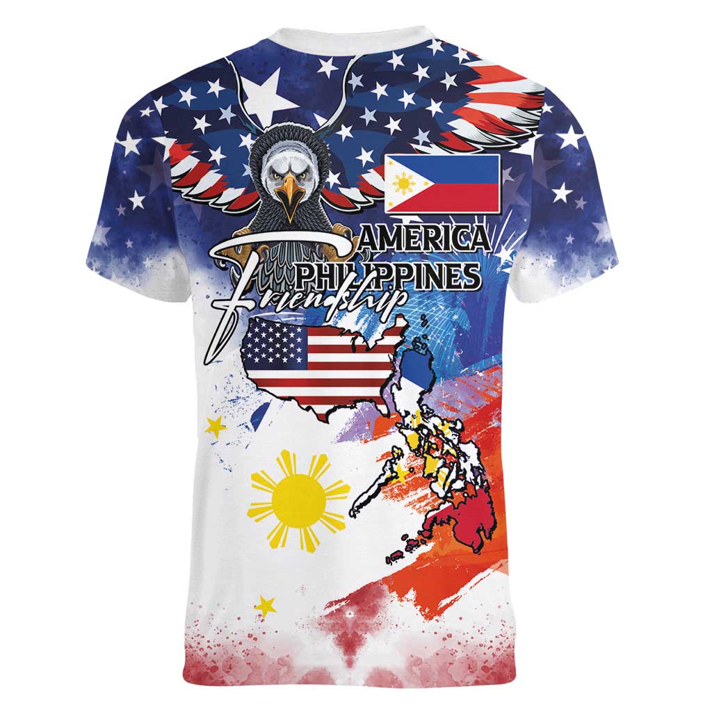 Philippine-American Friendship Women V-Neck T-Shirt USA Eagle and Philippines Flag with The Maps