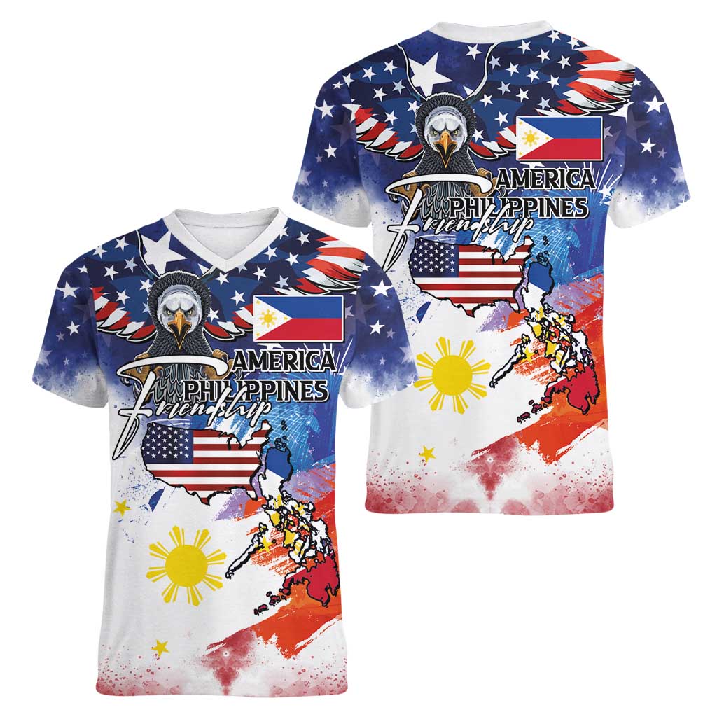 Philippine-American Friendship Women V-Neck T-Shirt USA Eagle and Philippines Flag with The Maps