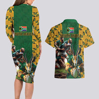 South Africa Rugby Couples Matching Long Sleeve Bodycon Dress and Hawaiian Shirt The Springbok Mascot and Rugby Players Fight for Victory - Wonder Print Shop