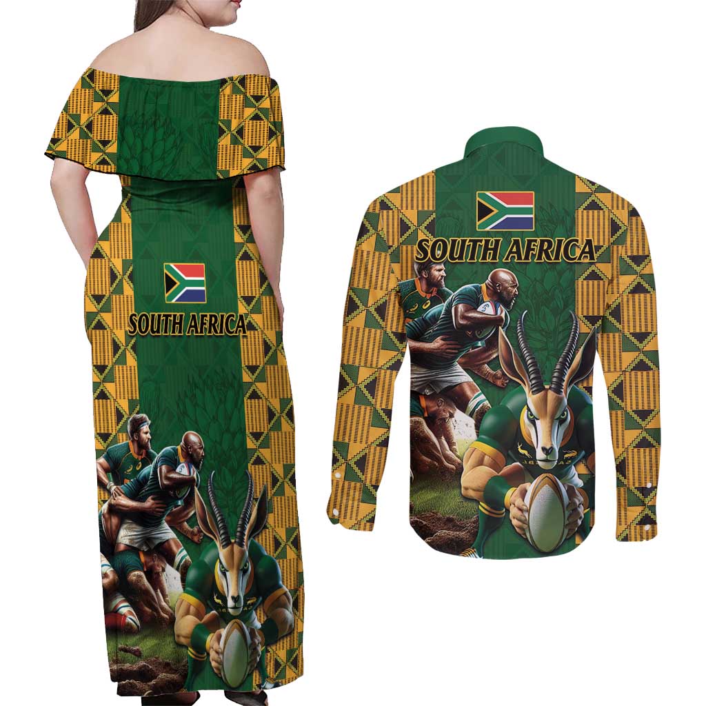 South Africa Rugby Couples Matching Off Shoulder Maxi Dress and Long Sleeve Button Shirt The Springbok Mascot and Rugby Players Fight for Victory - Wonder Print Shop