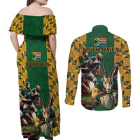 South Africa Rugby Couples Matching Off Shoulder Maxi Dress and Long Sleeve Button Shirt The Springbok Mascot and Rugby Players Fight for Victory - Wonder Print Shop