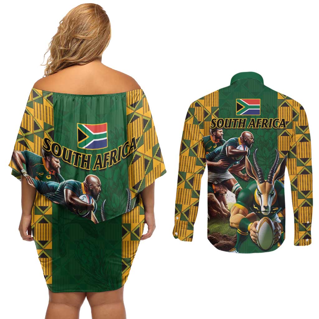 South Africa Rugby Couples Matching Off Shoulder Short Dress and Long Sleeve Button Shirt The Springbok Mascot and Rugby Players Fight for Victory - Wonder Print Shop