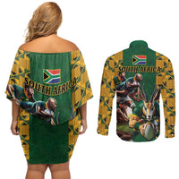 South Africa Rugby Couples Matching Off Shoulder Short Dress and Long Sleeve Button Shirt The Springbok Mascot and Rugby Players Fight for Victory - Wonder Print Shop