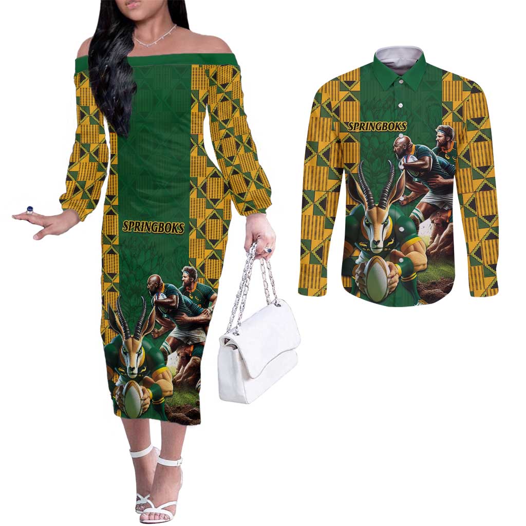 South Africa Rugby Couples Matching Off The Shoulder Long Sleeve Dress and Long Sleeve Button Shirt The Springbok Mascot and Rugby Players Fight for Victory