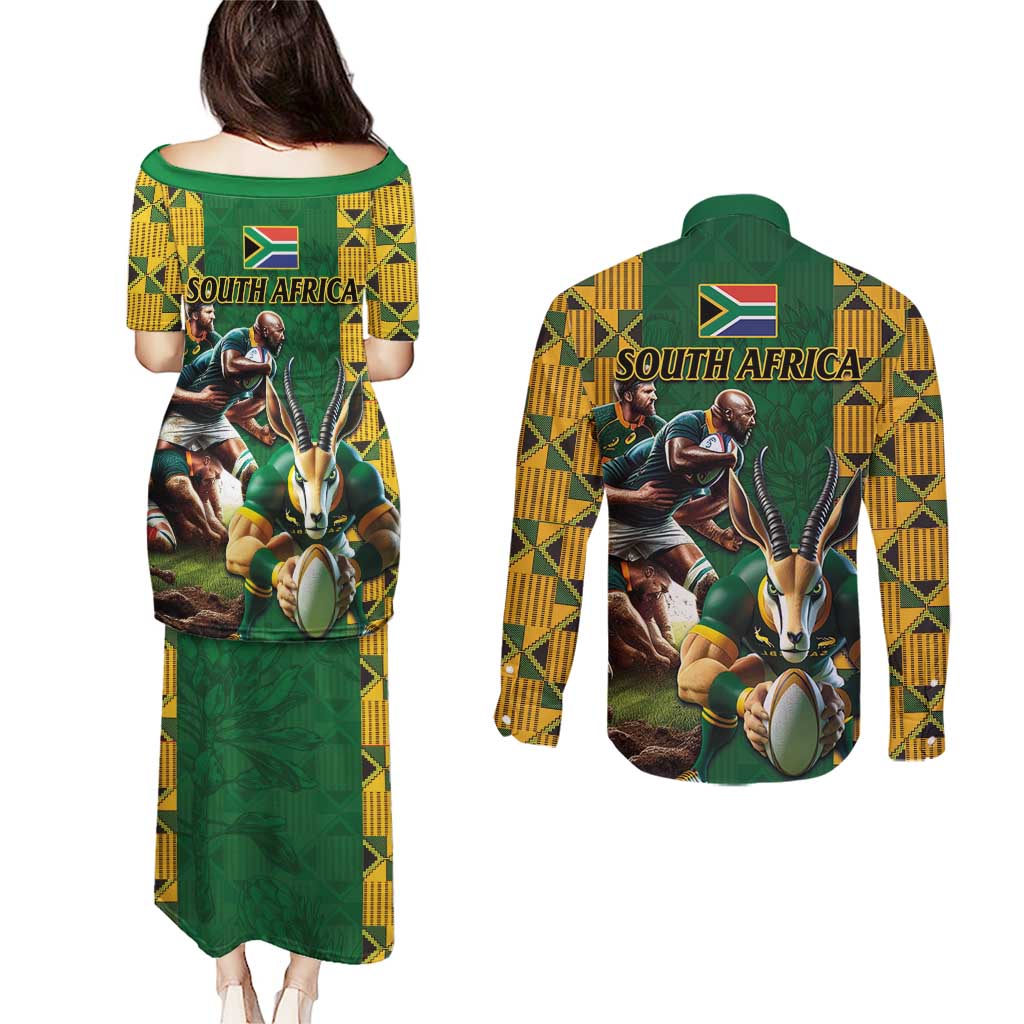 South Africa Rugby Couples Matching Puletasi and Long Sleeve Button Shirt The Springbok Mascot and Rugby Players Fight for Victory - Wonder Print Shop