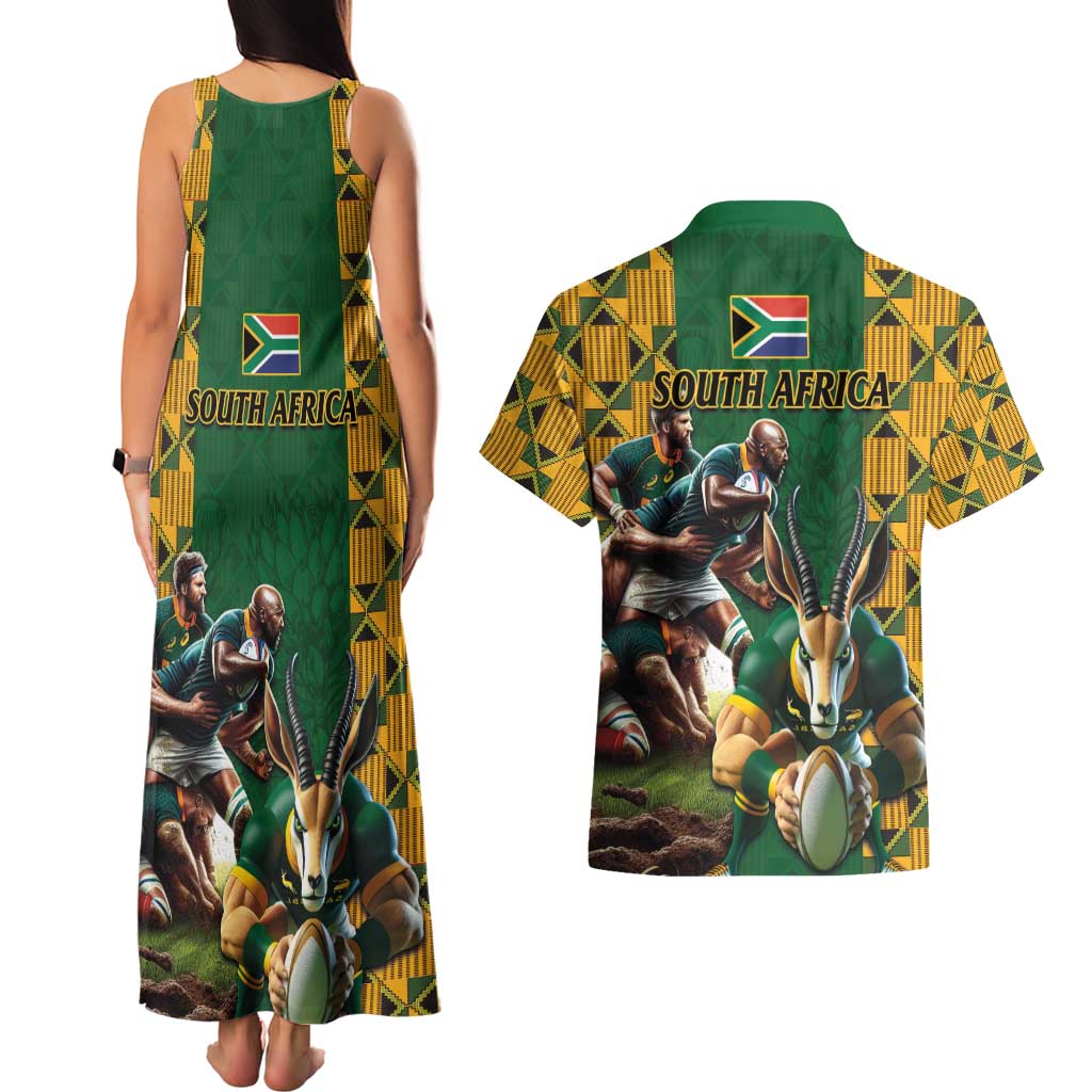 South Africa Rugby Couples Matching Tank Maxi Dress and Hawaiian Shirt The Springbok Mascot and Rugby Players Fight for Victory - Wonder Print Shop