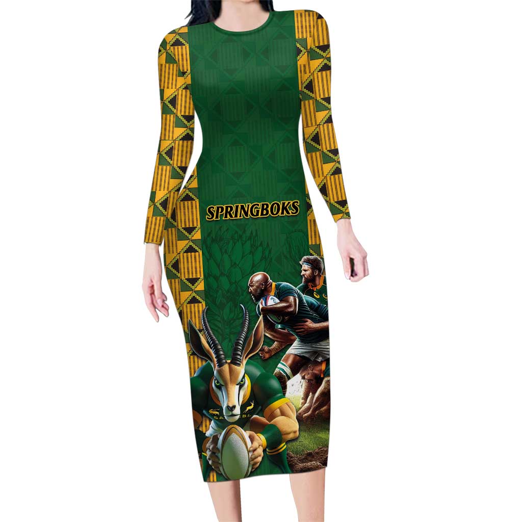 South Africa Rugby Family Matching Long Sleeve Bodycon Dress and Hawaiian Shirt The Springbok Mascot and Rugby Players Fight for Victory - Wonder Print Shop